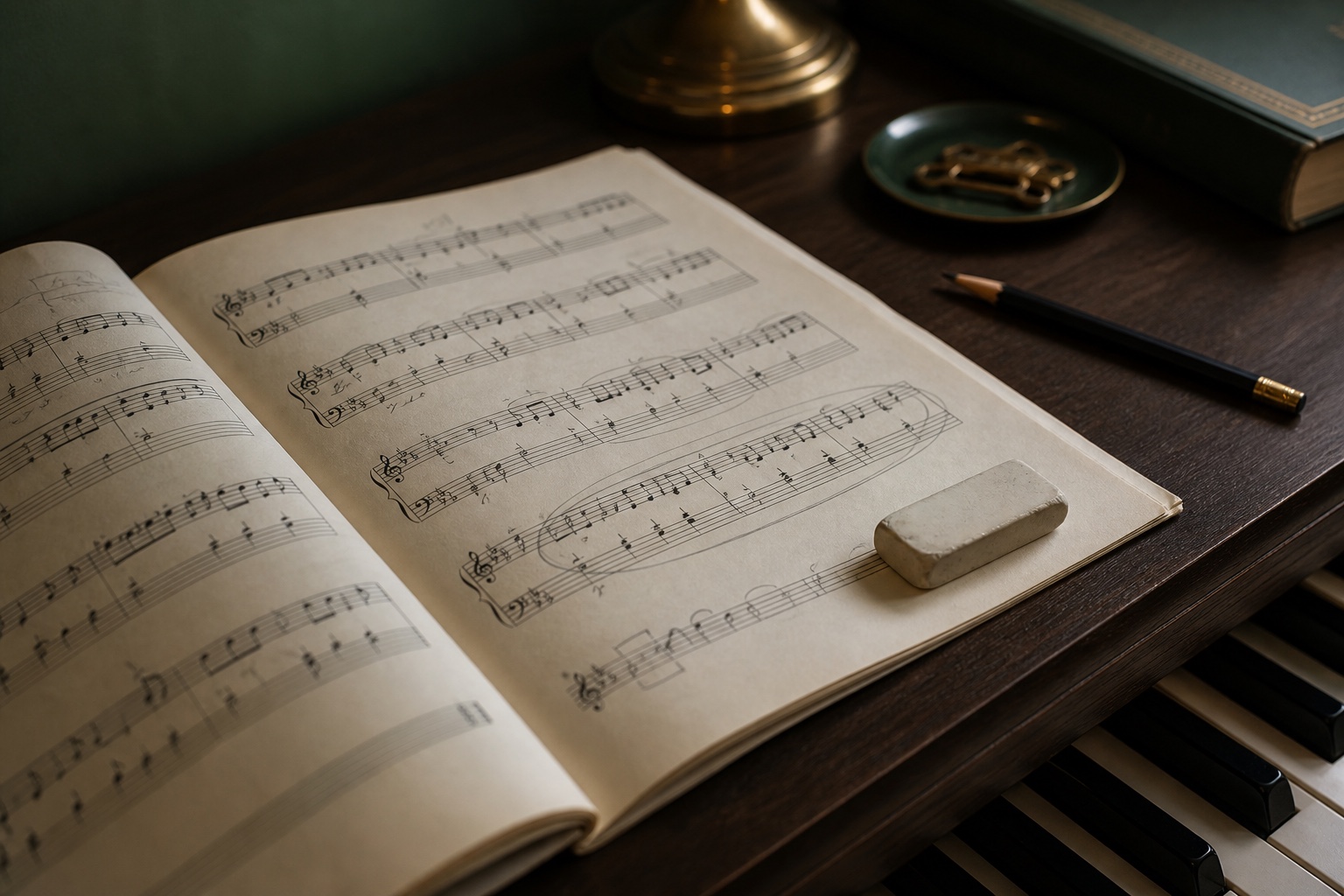 Markierte Noten, Bleistift und Radiergummi auf einem Klavier