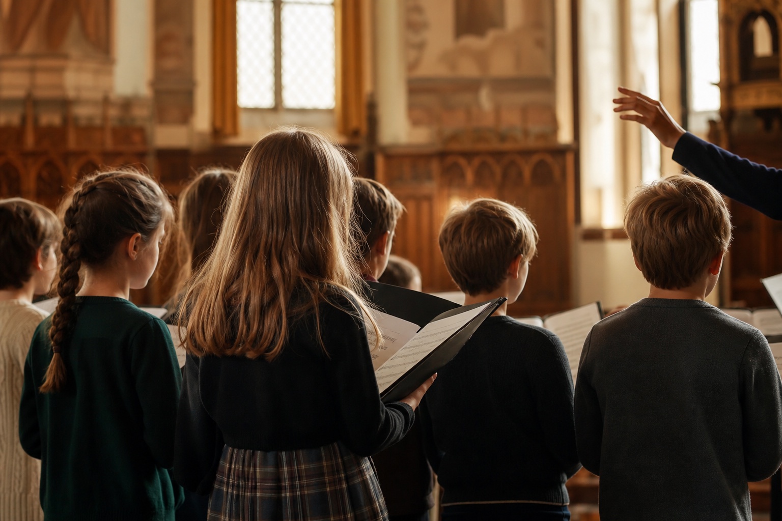 Kinderchor von hinten in einem warm beleuchteten Kirchenraum